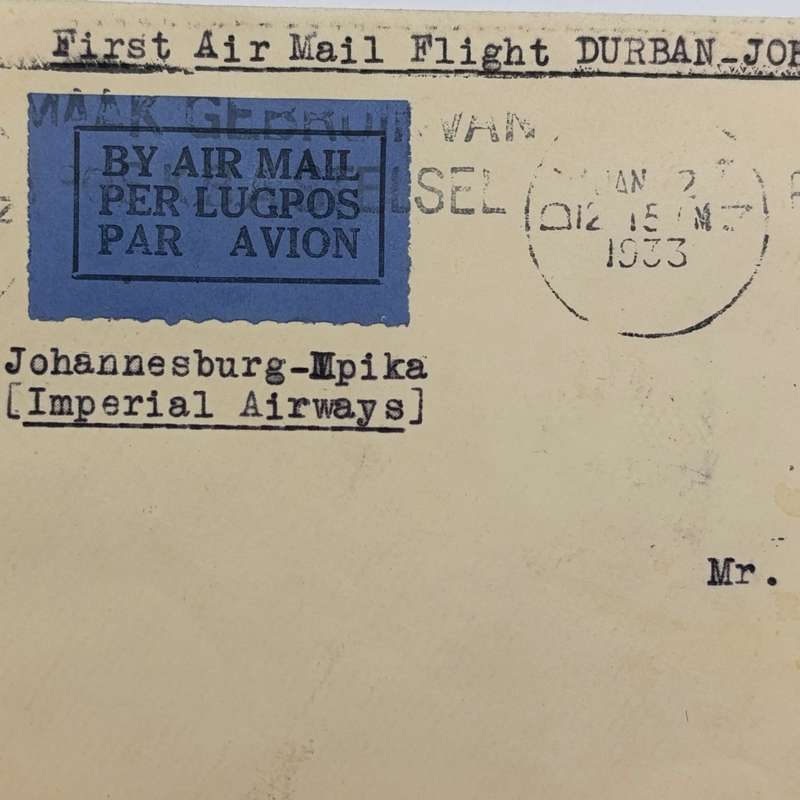 First Airmail flight cover Durban South Africa to Mpika Northern Rhodesia via Johannesburg