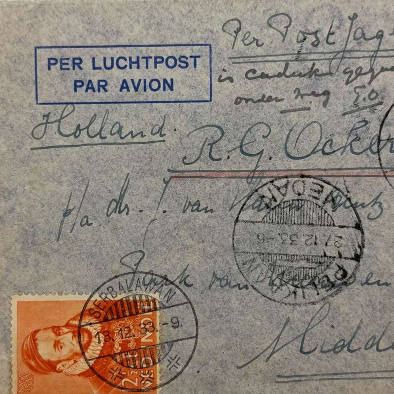 Airmail cover from Serbalawan Dutch East Indies to Middelburg Netherlands 13 December 1933
