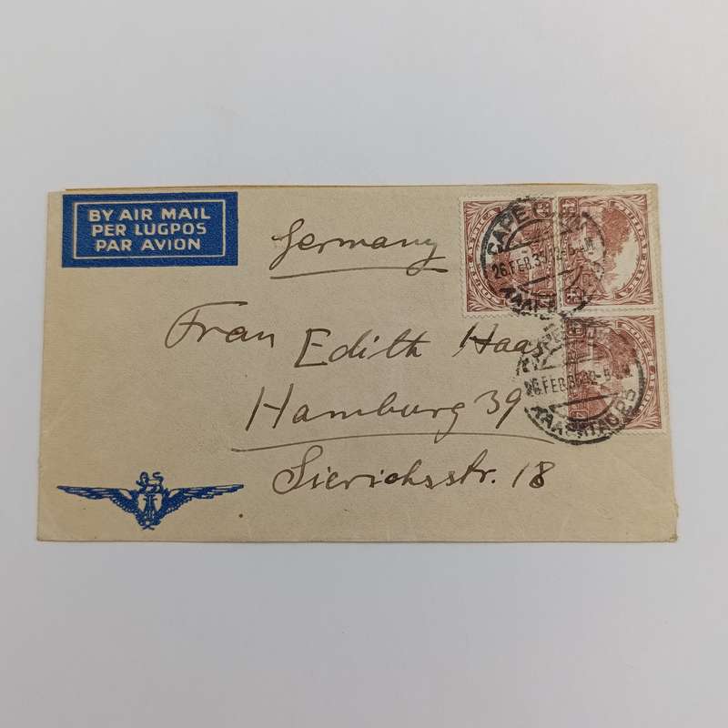 Air mail cover from Cape Town South Africa to Hamburg Germany 26 February 1935