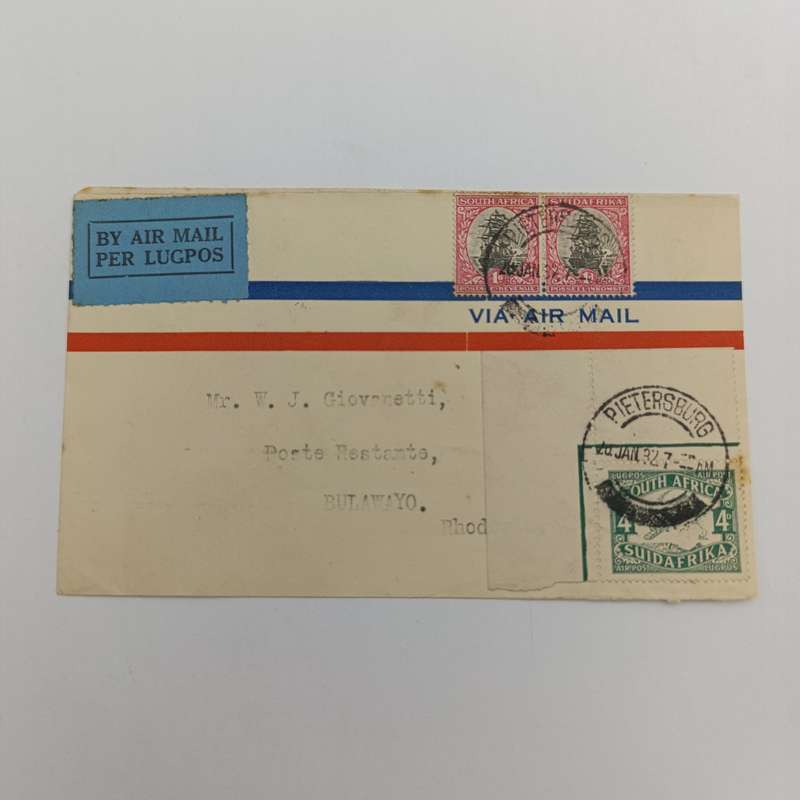 Airmail cover from Pietersburg South Africa to Bulawayo, Rhodesia 28 January 1932 with SACC 40 and S