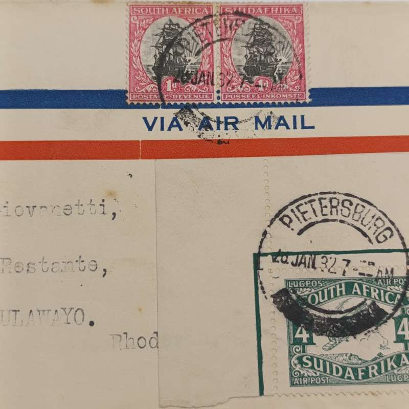 Airmail cover from Pietersburg South Africa to Bulawayo, Rhodesia 28 January 1932 with SACC 40 and S