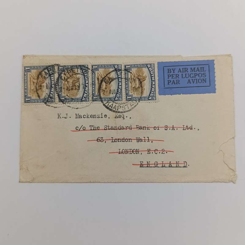Airmail cover from Cape Town, South Africa to London, England 2 August 1932