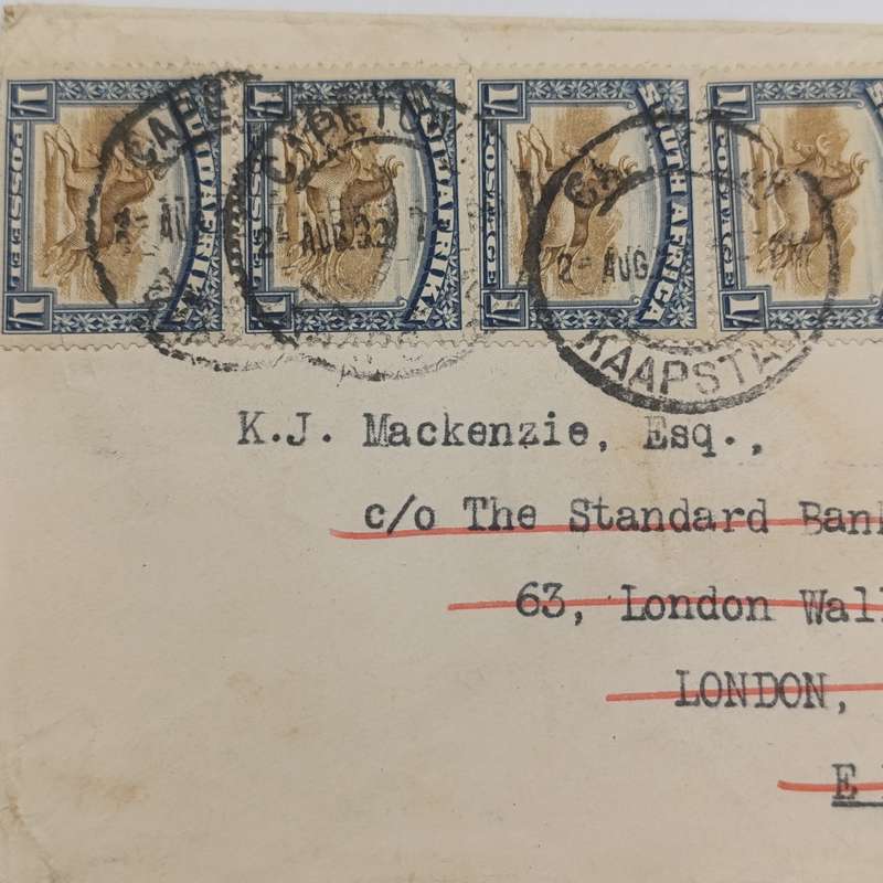 Airmail cover from Cape Town, South Africa to London, England 2 August 1932