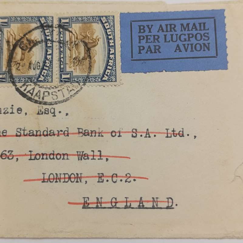 Airmail cover from Cape Town, South Africa to London, England 2 August 1932