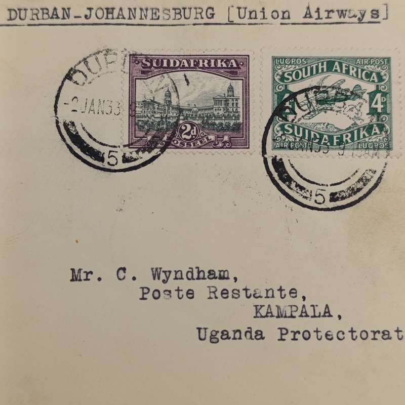 Airmail First Flight cover Durban to Johannesburg on Union Airways and on to Kampala Uganda