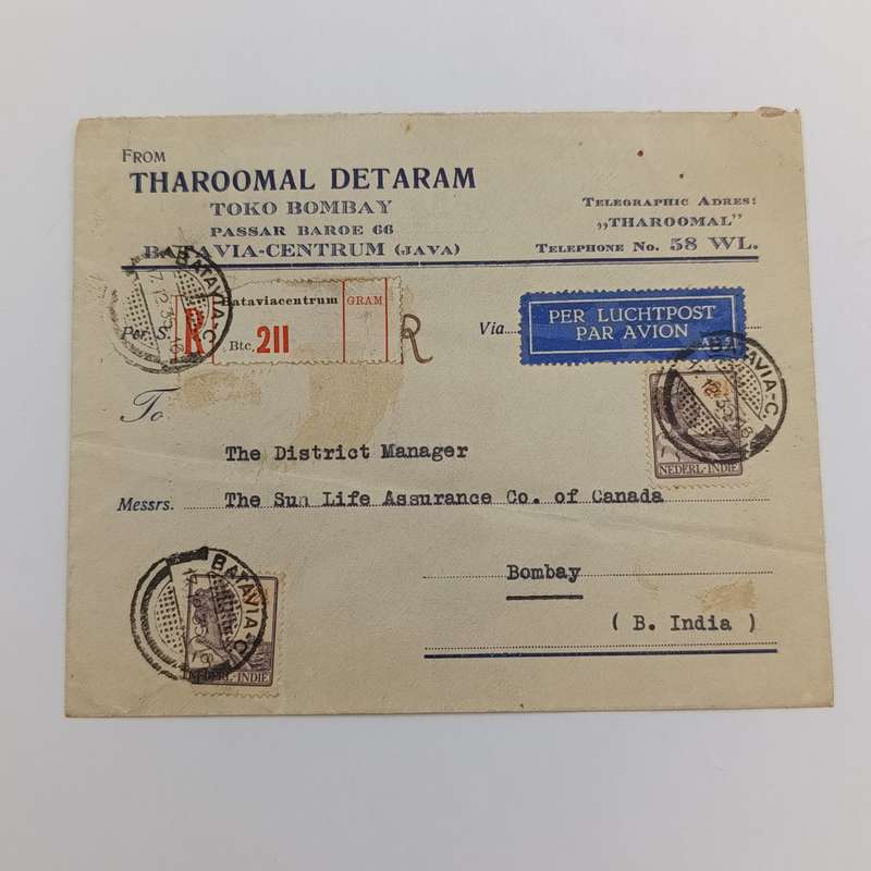 Airmail Cover Batavia to Bombay British India with 2 Nederlandsche India stamps