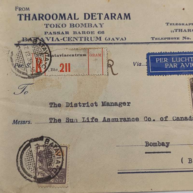Airmail Cover Batavia to Bombay British India with 2 Nederlandsche India stamps