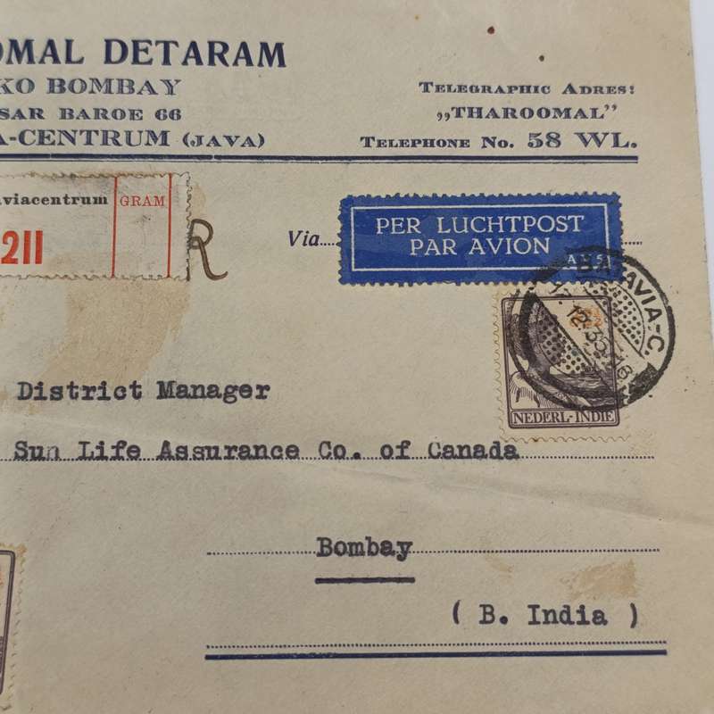 Airmail Cover Batavia to Bombay British India with 2 Nederlandsche India stamps