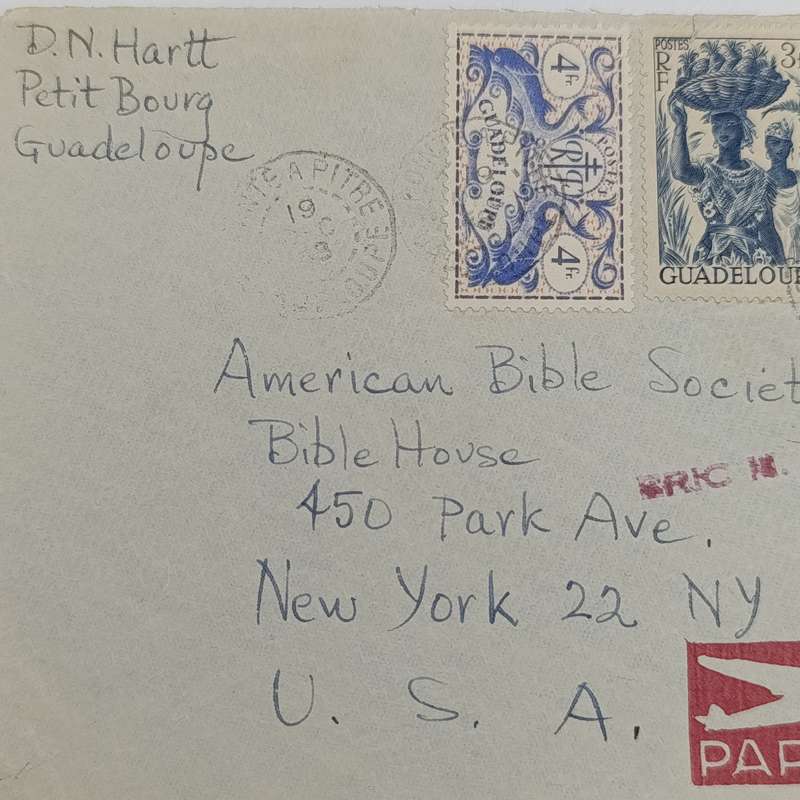Airmail cover from Guadeloupe to America Bible society New York with 3 Guadeloupe stamps cancelled