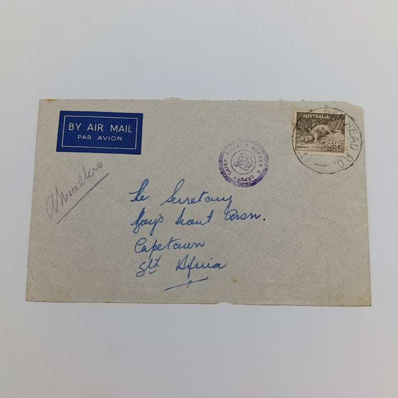 Airmail cover Australia to Cape Town South Africa with 9d stamp and Railhead P.O. cancellation