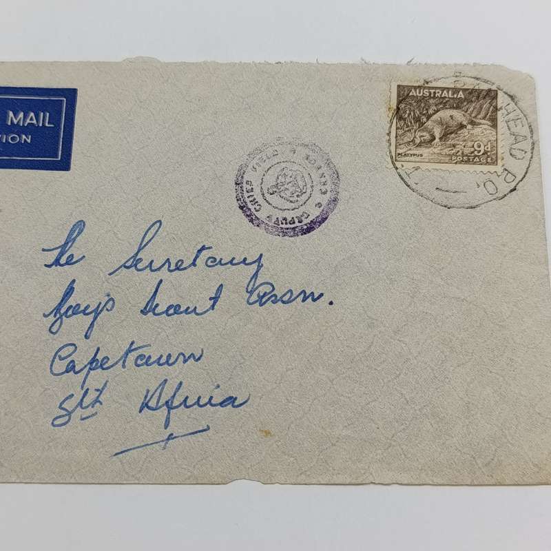 Airmail cover Australia to Cape Town South Africa with 9d stamp and Railhead P.O. cancellation