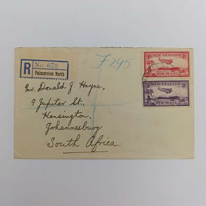 Registered Air Mail cover from Palmerston North New Zealand to Johannesburg South Africa