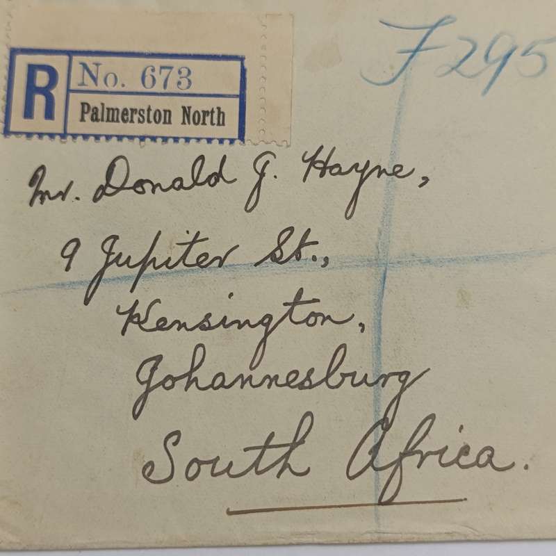 Registered Air Mail cover from Palmerston North New Zealand to Johannesburg South Africa