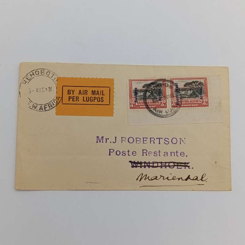 Air Mail letter cover from Rehoboth SWA to Mariental SWA 5 August 1931 with Scarce SACC 76 pair on