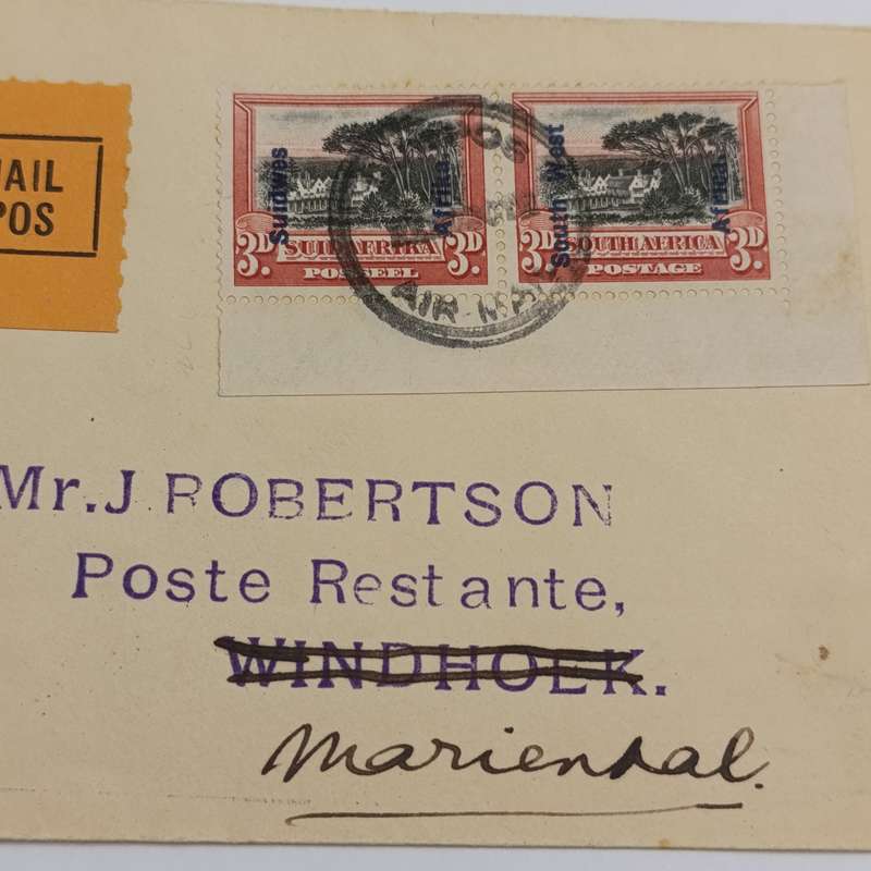 Air Mail letter cover from Rehoboth SWA to Mariental SWA 5 August 1931 with Scarce SACC 76 pair on