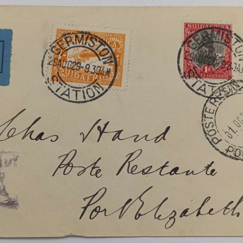 Airmail Cover from Germiston to Port Elizabeth with SACC41 & SACC 30 stamps cancelled Germiston