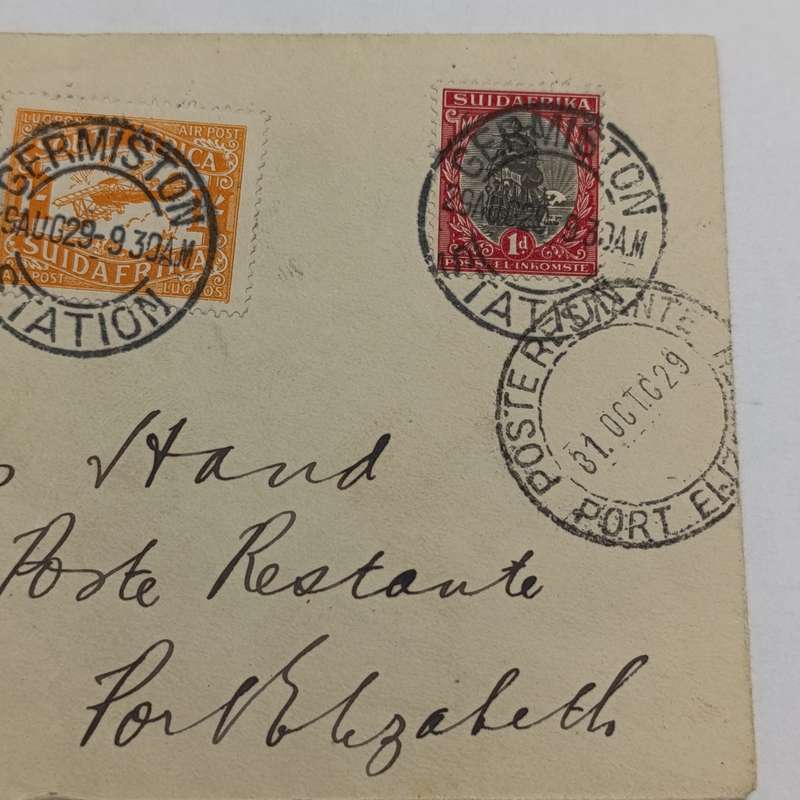 Airmail Cover from Germiston to Port Elizabeth with SACC41 & SACC 30 stamps cancelled Germiston
