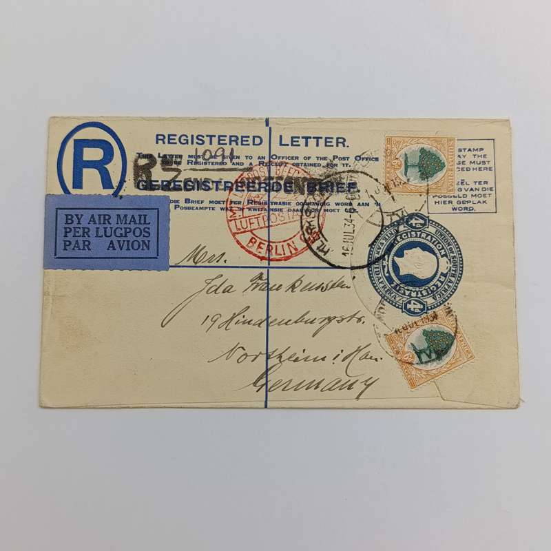 Registered Air Mail cover from Zendelingsfontein South Africa via Klerksdorp and Berlin to Northeim
