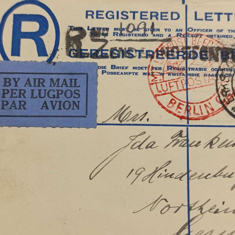 Registered Air Mail cover from Zendelingsfontein South Africa via Klerksdorp and Berlin