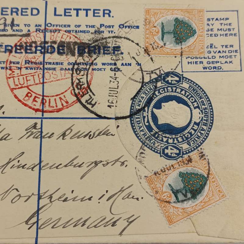 Registered Air Mail cover from Zendelingsfontein South Africa via Klerksdorp and Berlin to Northeim