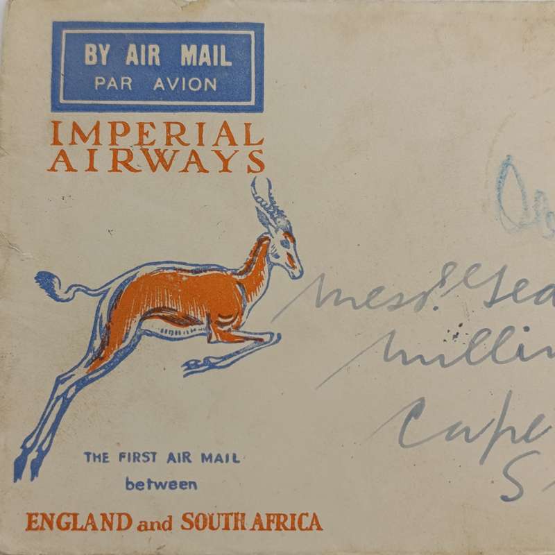 Imperial Airways First Air Mail cover from England to South Africa with British one Shilling stamp
