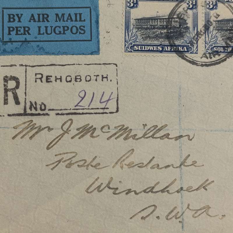 Registered Air Mail cover Rehoboth to Windhoek 6 August 1931 with SACC 99