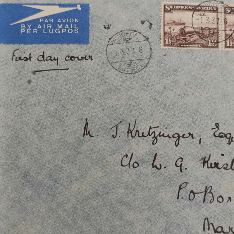 First Day cover Air mail Windhoek to Mariental posted 1 March 1937 and arrived 3 March 1937