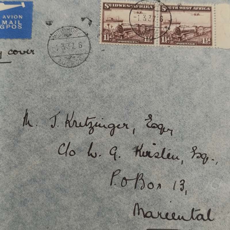 First Day cover Air mail Windhoek to Mariental posted 1 March 1937 and arrived 3 March 1937