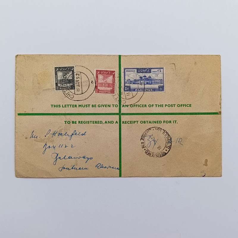 Registered airmail cover from Chittagong Pakistan toBulawayo Southern Rhodesia