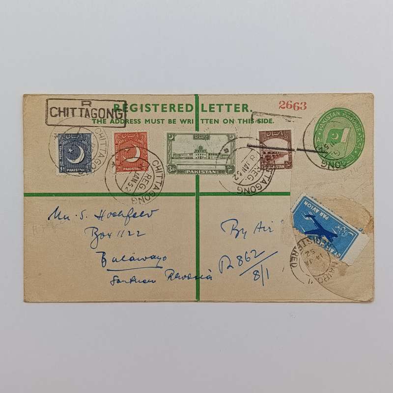 Registered airmail cover from Chittagong Pakistan toBulawayo Southern Rhodesia