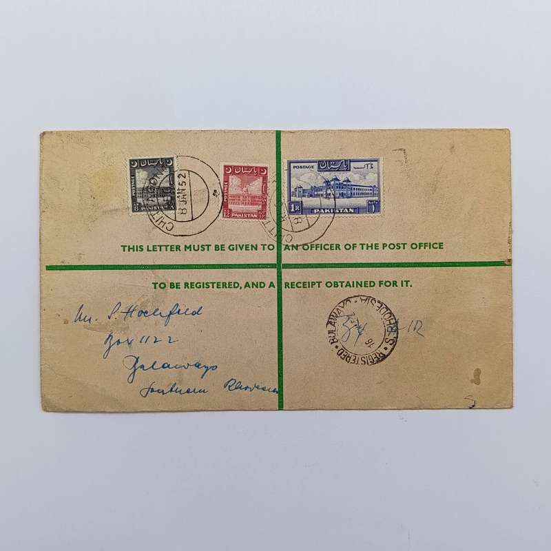 Registered airmail cover from Chittagong Pakistan toBulawayo Southern Rhodesia