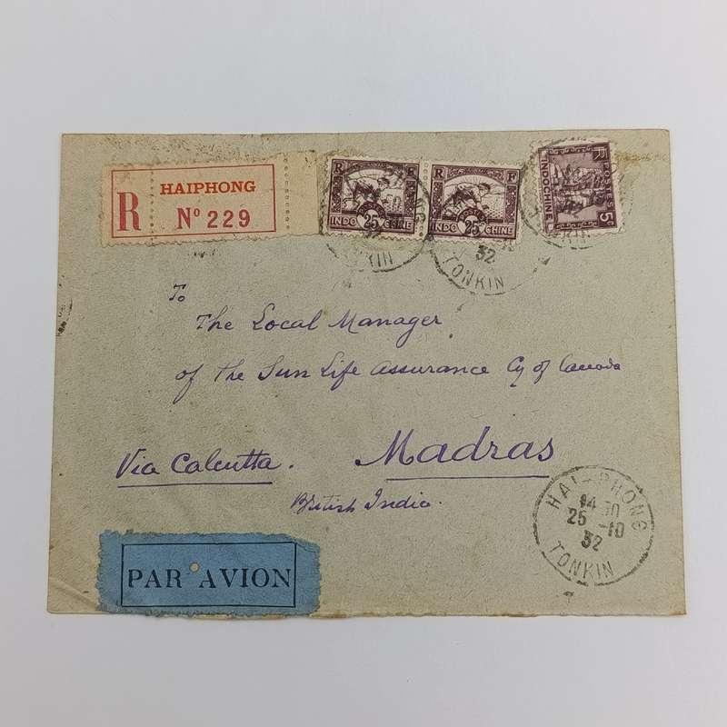 Registered airmail cover with 3 Indo China stamps cancelled HAI-PHONG 25-10-1932