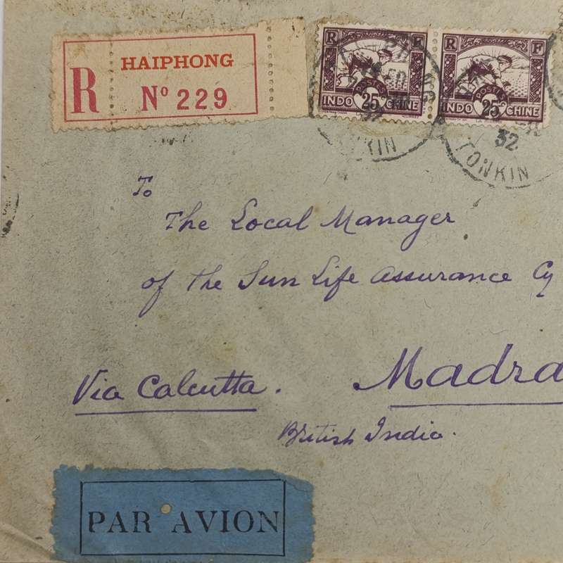 Registered airmail cover with 3 Indo China stamps cancelled HAI-PHONG 25-10-1932
