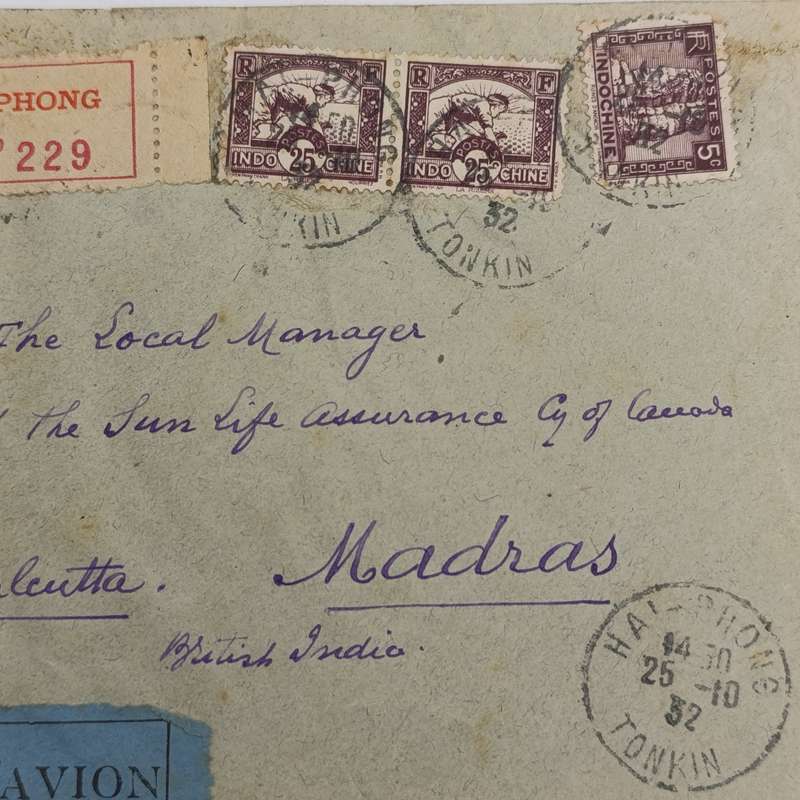 Registered airmail cover with 3 Indo China stamps cancelled HAI-PHONG 25-10-1932