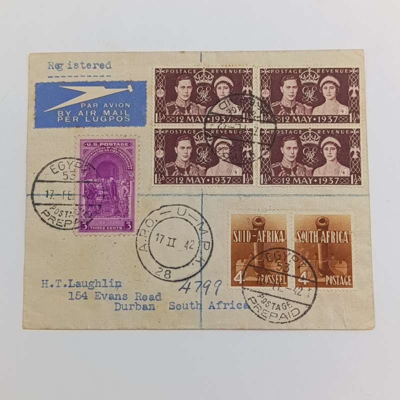 Registered airmail cover Egypt to South Africa with British, South African and U.S Stamps