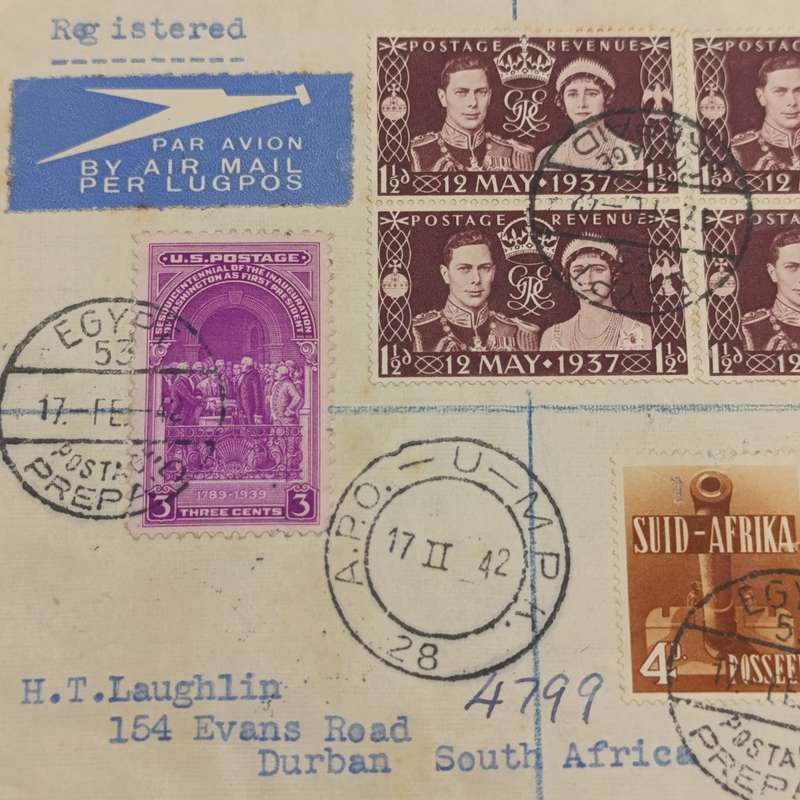 Registered airmail cover Egypt to South Africa with British, South African and U.S Stamps