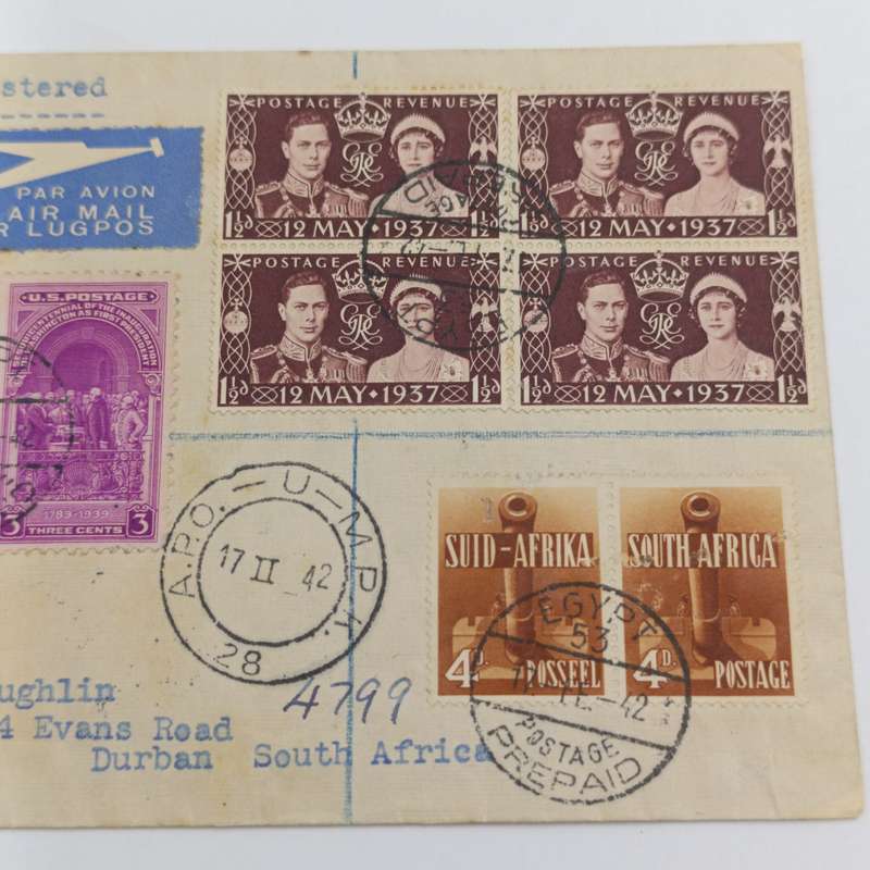 Registered airmail cover Egypt to South Africa with British, South African and U.S Stamps