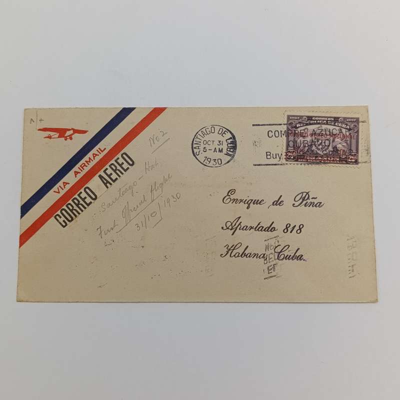 Cuban first flight cover 31 Oct 1930 Santiago to Havana on pre printed airmail cover