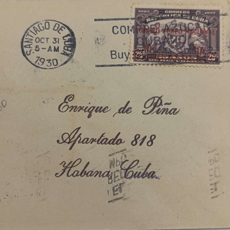 Cuban first flight cover 31 Oct 1930 Santiago to Havana on pre printed airmail cover