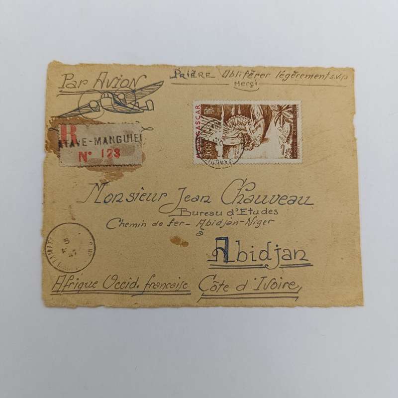 Airmail cover front 1947 Madagascar to Abidjan to Ivory Coast - rare registered label