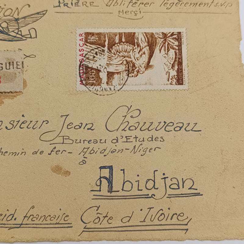 Airmail cover front 1947 Madagascar to Abidjan to Ivory Coast - rare registered label