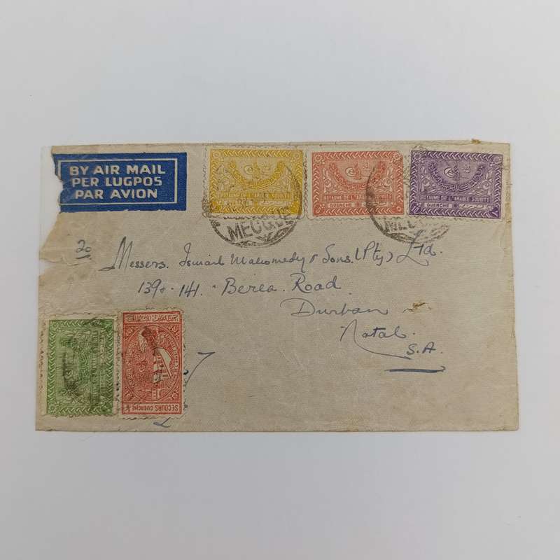 Airmail cover Mecque Saudi Arabia to Durban South Africa cancelled on 18-12-1938