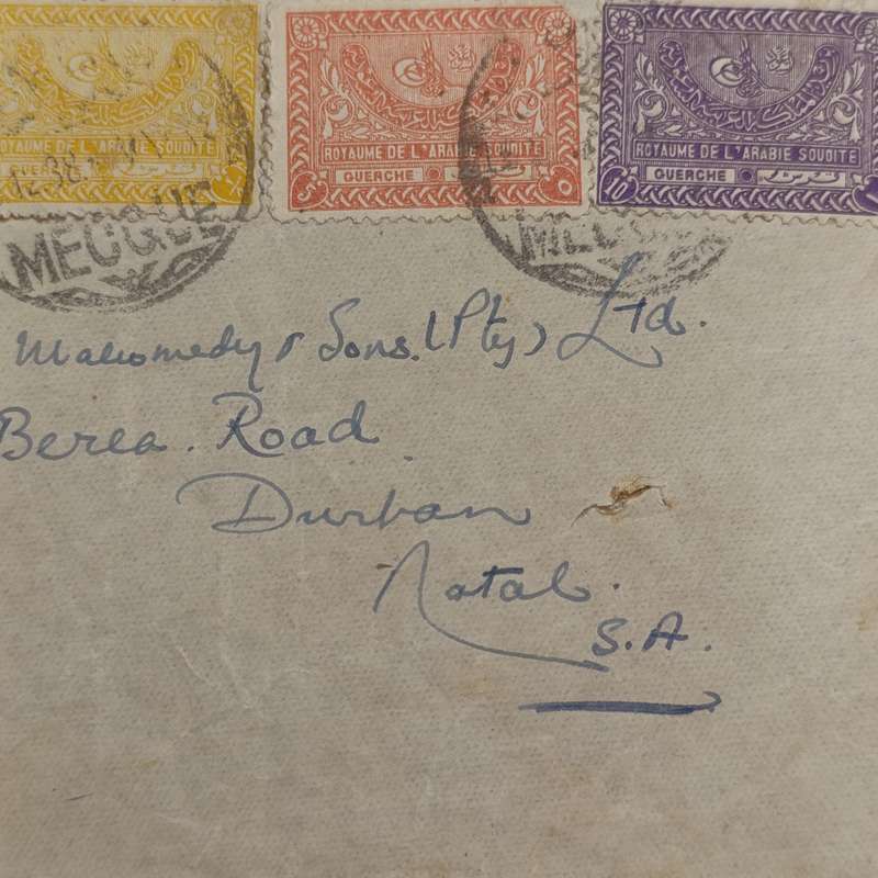 Airmail cover Mecque Saudi Arabia to Durban South Africa cancelled on 18-12-1938