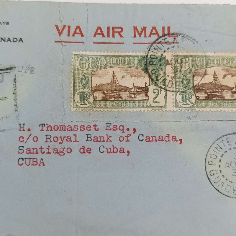 Royal Bank of Canada airmail cover Point A Pitre Guadeloupe to Canada to Santiago Cuba