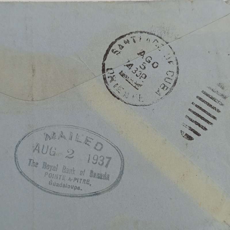 Royal Bank of Canada airmail cover Point A Pitre Guadeloupe to Canada to Santiago Cuba