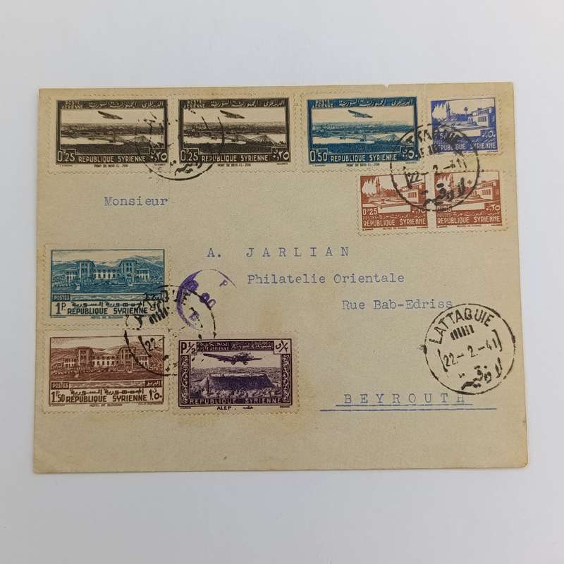 WW2 Cover from Lattaquie Syria to Beyrouth Lebanon with 9 x Syria stamps cancelled on 22 Feb 1941