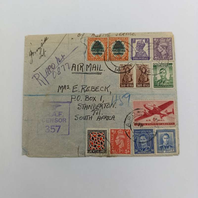 Airmail cover - registered with RAF censor - from Army Post Office 14 to Standerton South Africa