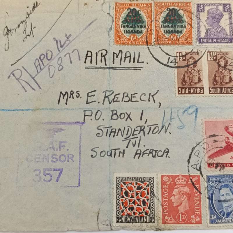 Airmail cover - registered with RAF censor - from Army Post Office 14 to Standerton South Africa