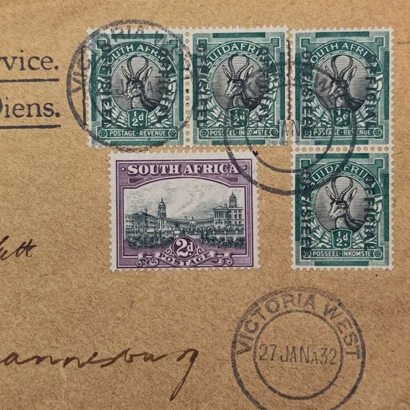 Airmail cover Victoria West to Johannesburg 27 Jan 1932 on "on his majesty's service" envelope