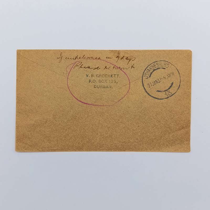Airmail cover Victoria West to Johannesburg 27 Jan 1932 on "on his majesty's service" envelope